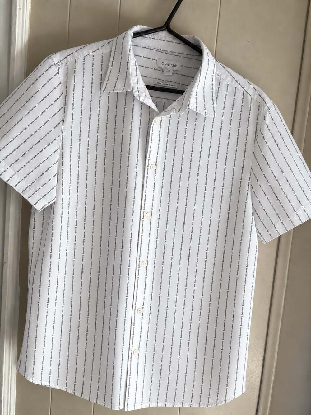 Calvin Klein Men's White Short Sleeve Button-Down Shirt with All-Over Logo Strip